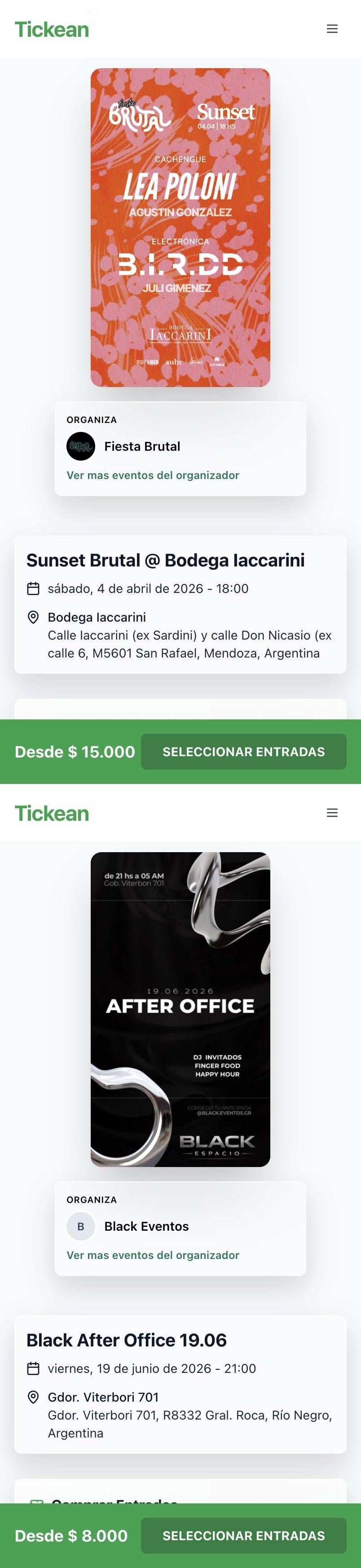 Tickean-evenementenfeed op een telefoon